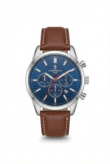 CARIBBEAN JOE Men’s Analog Watch with Silver-Tone 42.5mm Case, Navy Blue Semi-Gloss Dial with Faux Subdials, Brown PU Leather Strap, Quartz Movement, Casual Fashion Watch