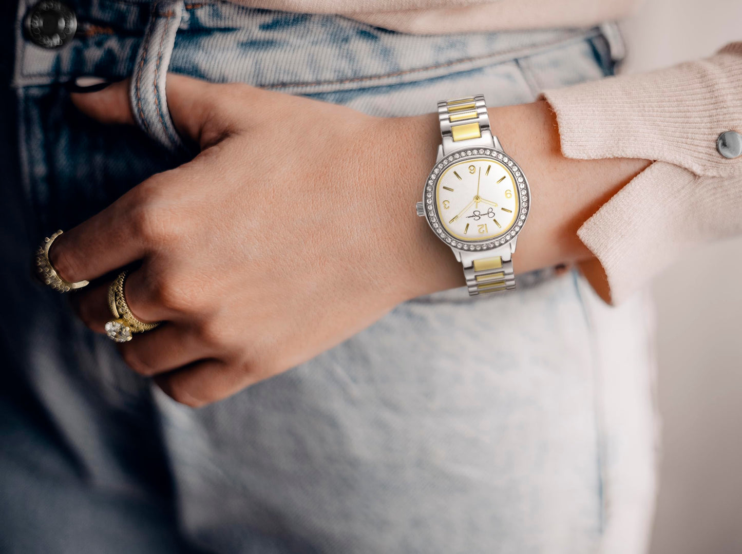 Jessica Simpson Women’s Round Two Tone Watch 30mm White Dial Crystal Bezel