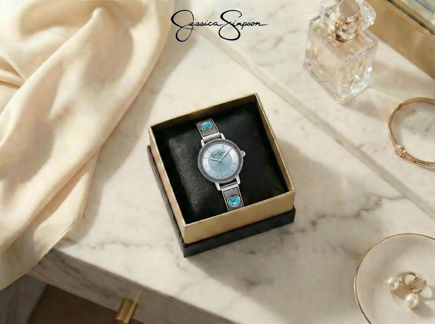 Jessica Simpson Women’s Round Silver Watch 28mm Light Blue Textured Dial