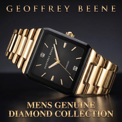 Geoffrey Beene Men’s Square Gold Watch 33mm Black Sunray Dial Bracelet Diamond Accent
