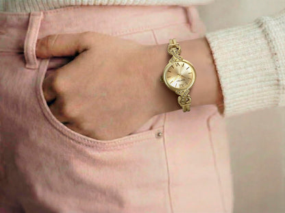 ELLEN TRACY Women's 24mm Round Goldtone Watch, Gold Dial, Half Bangle Band