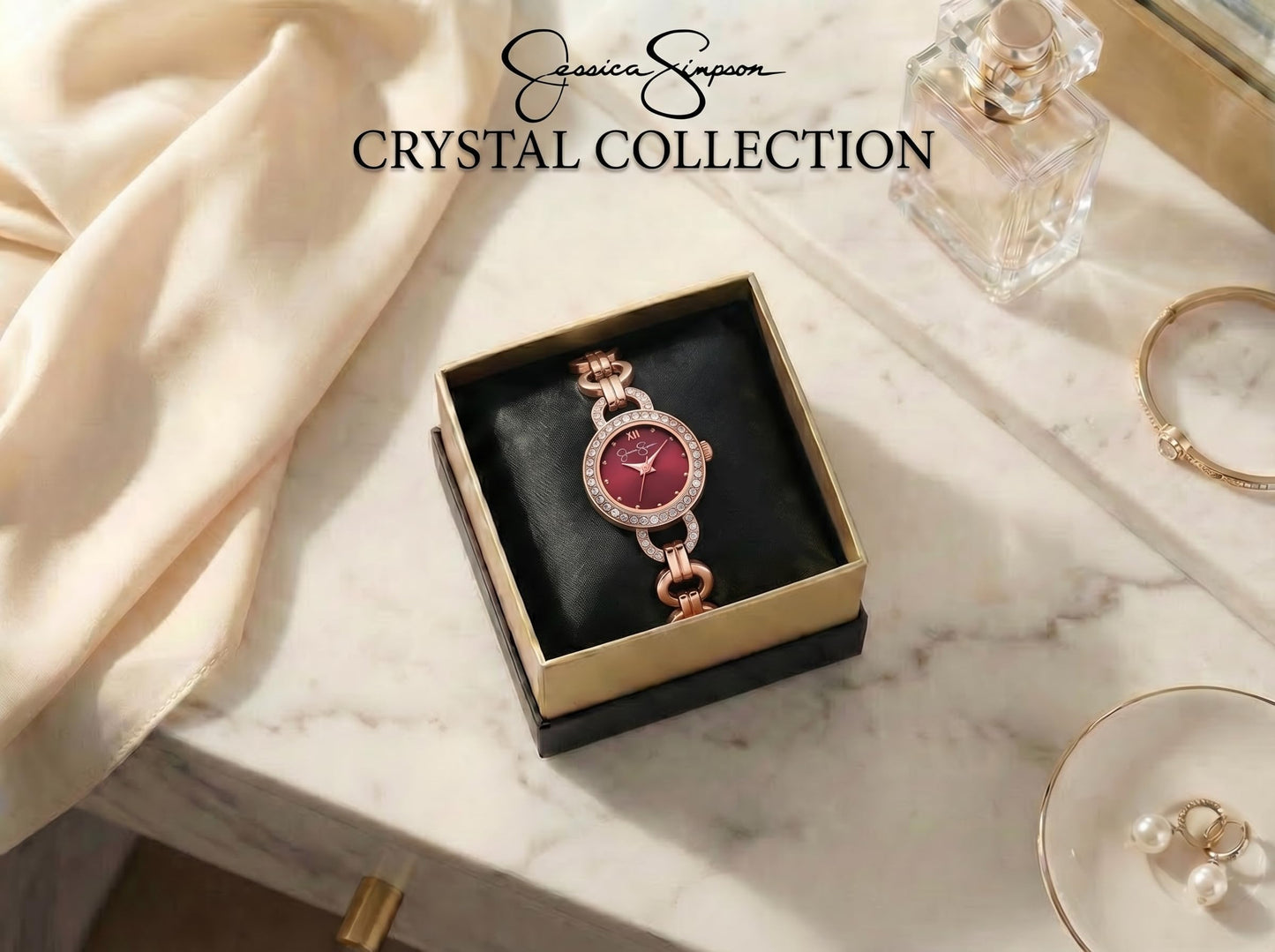 Jessica Simpson Women’s Round Rose Gold Watch 22mm Burgundy Dial Crystal Bezel