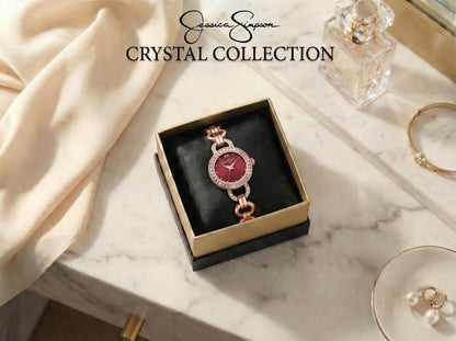 Jessica Simpson Women’s Round Rose Gold Watch 22mm Burgundy Dial Crystal Bezel