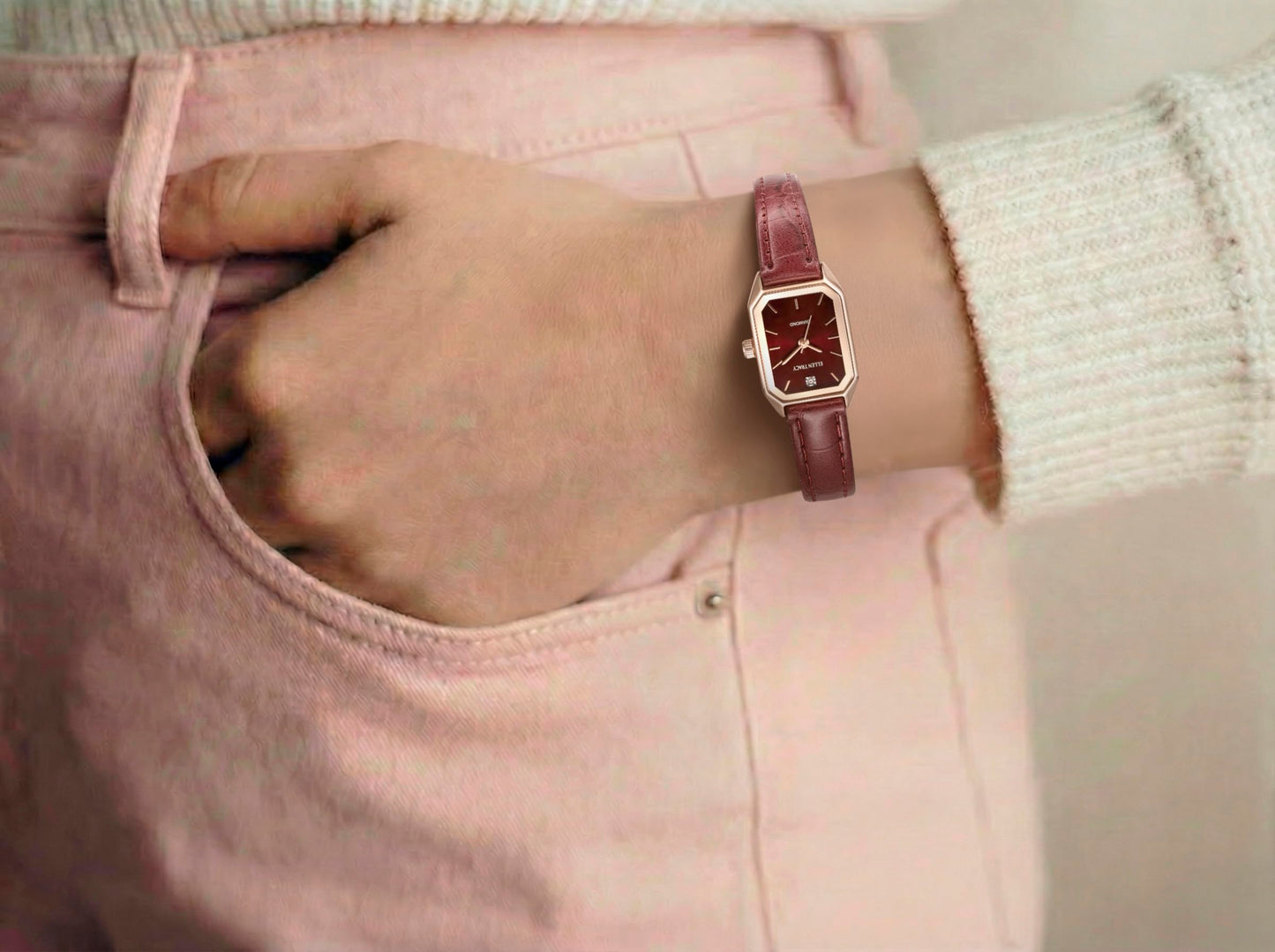 ELLEN TRACY Women's 20mm Round Rose Goldtone Watch, Burgundy Dial, Diamond Accent, Leather Band
