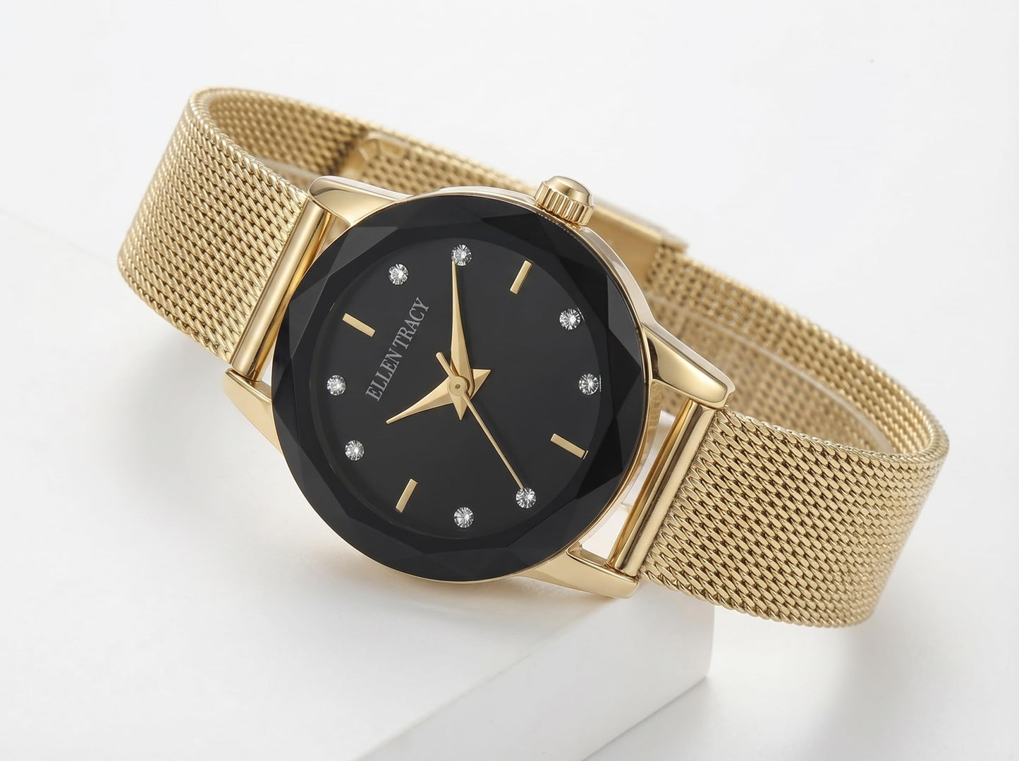 ELLEN TRACY Women's 22mm Round Goldtone Watch, Black Dial, Crystal Accents, Mesh Band