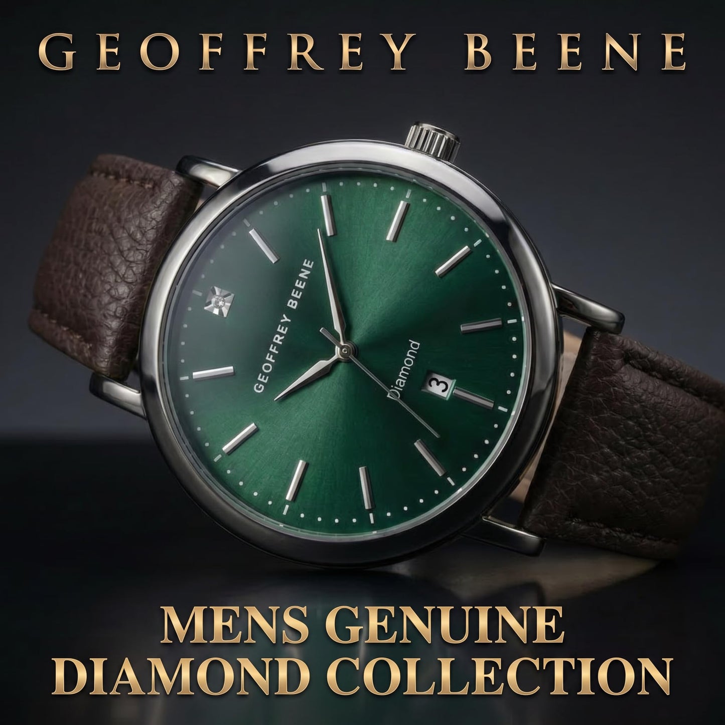 Geoffrey Beene Men’s Round Gunmetal Watch 41mm Green Sunray Dial PU Strap Diamond Accent