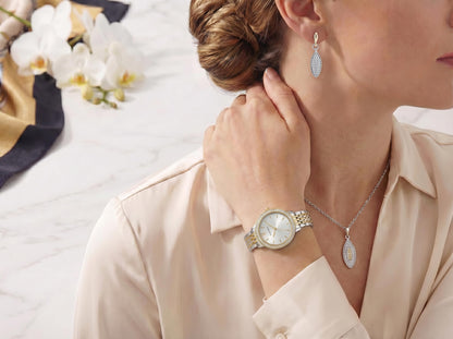 ELLEN TRACY Women's 32mm Round Two Tone Silver/Gold Watch and Jewelry Gift Set, White Dial, Crystal Accents