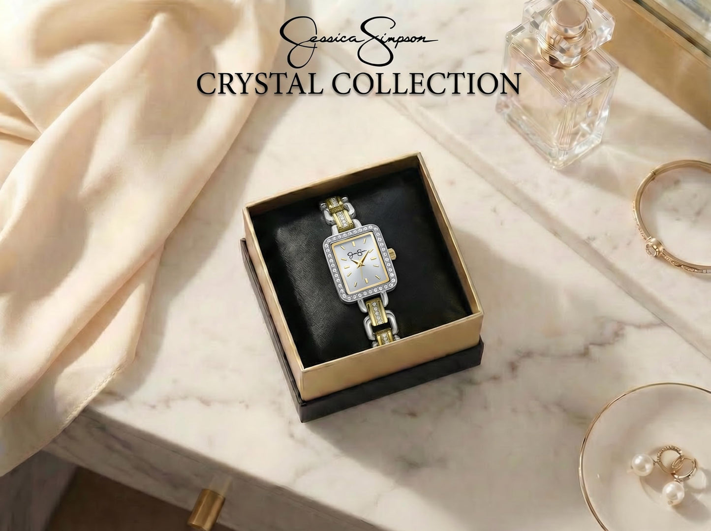 Jessica Simpson Women’s Rectangular Two Tone Watch 20mm Silver Sunray Dial Crystal Bracelet