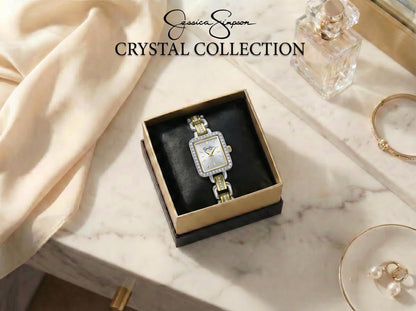 Jessica Simpson Women’s Rectangular Two Tone Watch 20mm Silver Sunray Dial Crystal Bracelet