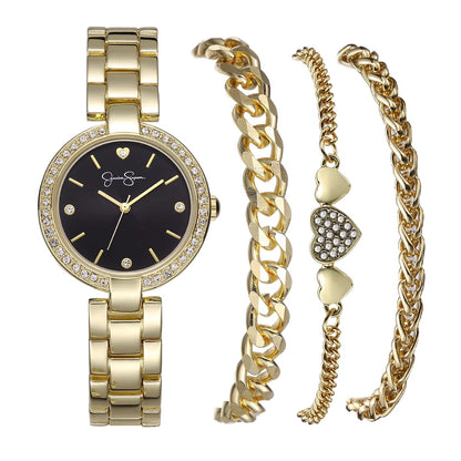 Jessica Simpson Women’s Watch Set Gold 33mm Black Dial Bracelet Set