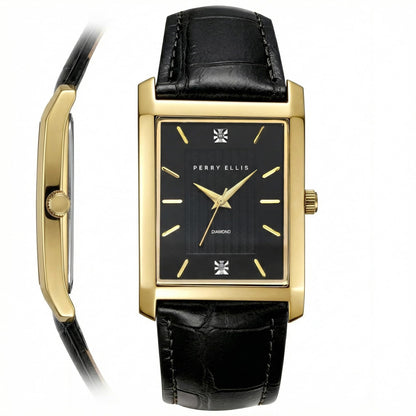 Perry Ellis Ultra Slim Men's Watch – Rectangular Gold-Tone, Black Textured Dial with Diamond Accents, Gold Faceted Indexes, Adjustable Black Leather Strap, Quartz Analog Fashion Accessory