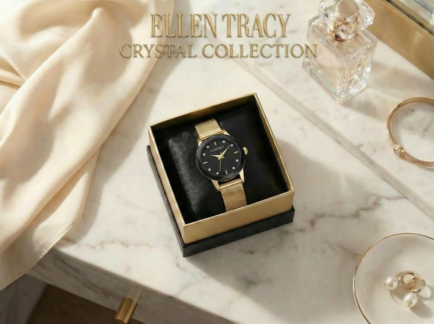 ELLEN TRACY Women's 22mm Round Goldtone Watch, Black Dial, Crystal Accents, Mesh Band