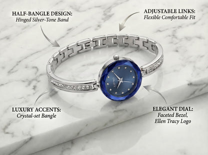 ELLEN TRACY Women's 23mm Round Silvertone Watch, Blue Dial, Crystal Accents, Half Bangle Band