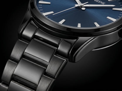 Geoffrey Beene Men’s Watch Set Round Gunmetal 42mm Blue Sunray Dial Strap & Bracelet