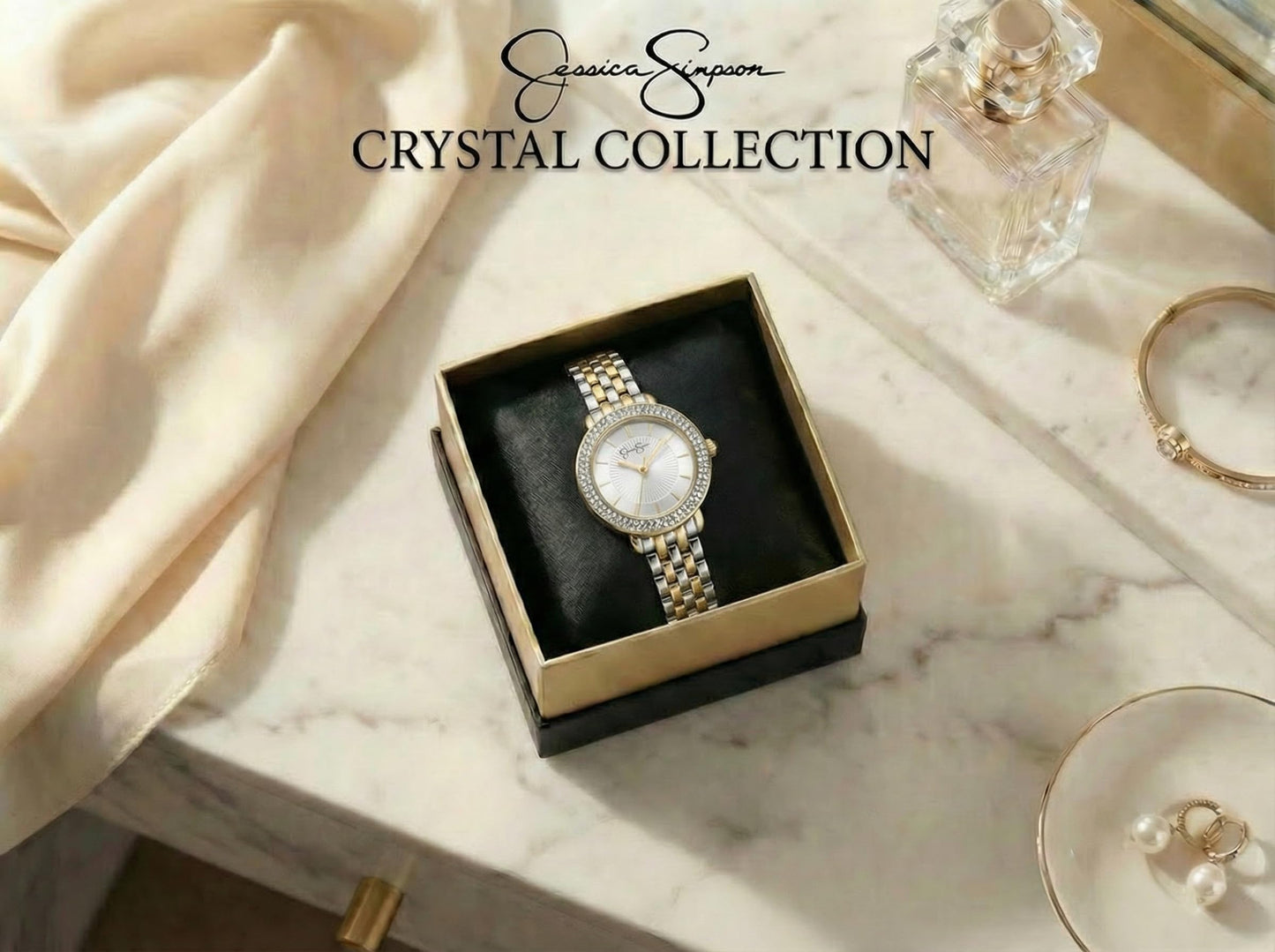 Jessica Simpson Women’s Round Gold Two Tone Watch 28.5mm Silver Dial Crystal Bezel Bracelet