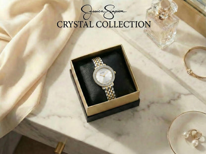 Jessica Simpson Women’s Round Gold Two Tone Watch 28.5mm Silver Dial Crystal Bezel Bracelet