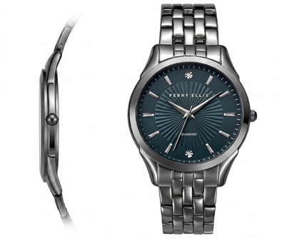 Perry Ellis Ultra Slim Men’s Round Gunmetal Watch 41mm Blue Textured Dial Bracelet Diamond Accent