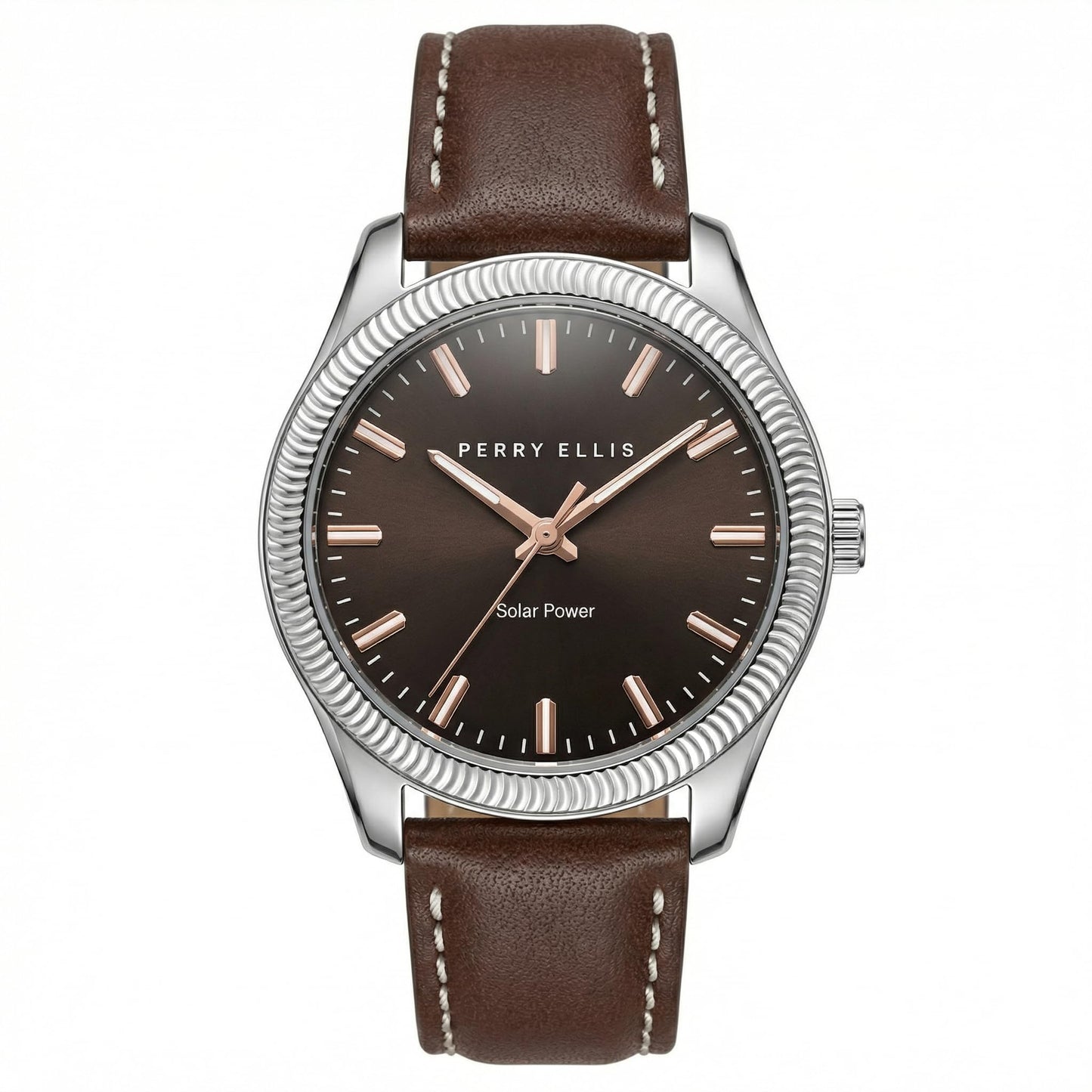 Perry Ellis Men's Solar Watch – Round Silver-Tone, Dark Brown Sunray Dial with Rose Gold Luminous Hands, Adjustable Brown Leather Strap, Water Resistant 3ATM, Quartz Analog Fashion Accessory