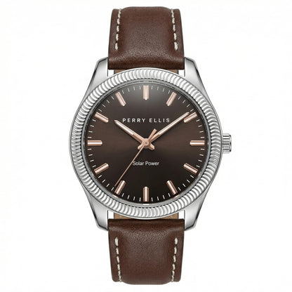 Perry Ellis Men's Solar Watch – Round Silver-Tone, Dark Brown Sunray Dial with Rose Gold Luminous Hands, Adjustable Brown Leather Strap, Water Resistant 3ATM, Quartz Analog Fashion Accessory