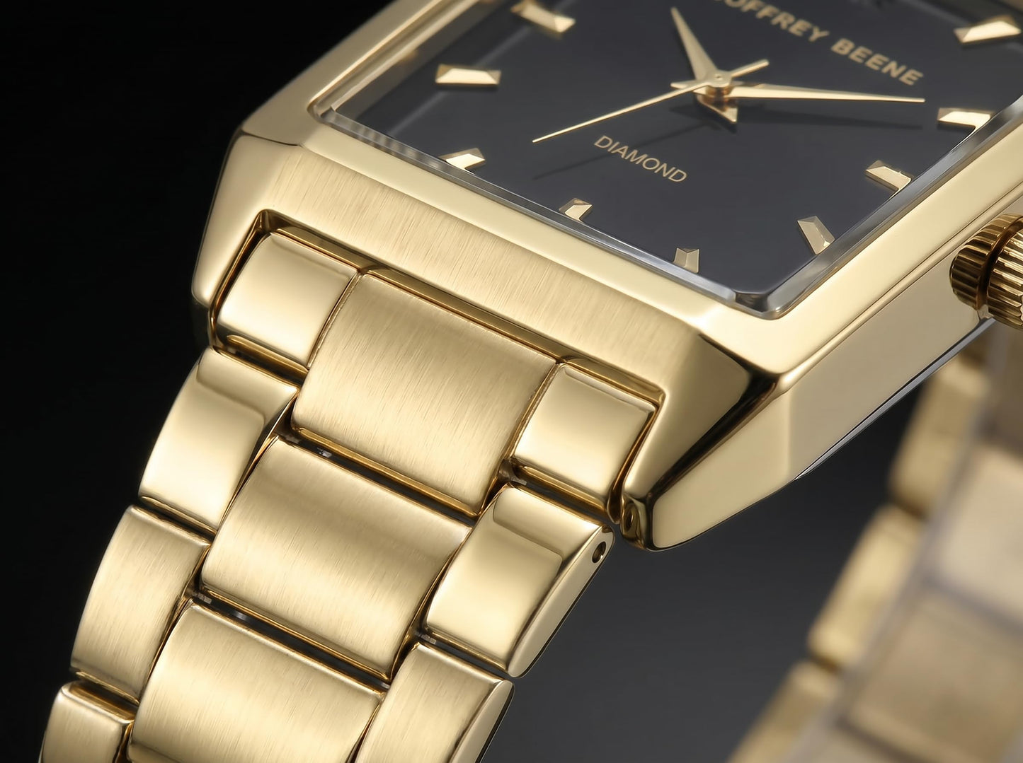 Geoffrey Beene Men’s Rectangular Gold Watch 34mm Black Sunray Dial Bracelet Diamond Accent