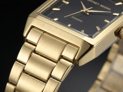 Geoffrey Beene Men’s Rectangular Gold Watch 34mm Black Sunray Dial Bracelet Diamond Accent