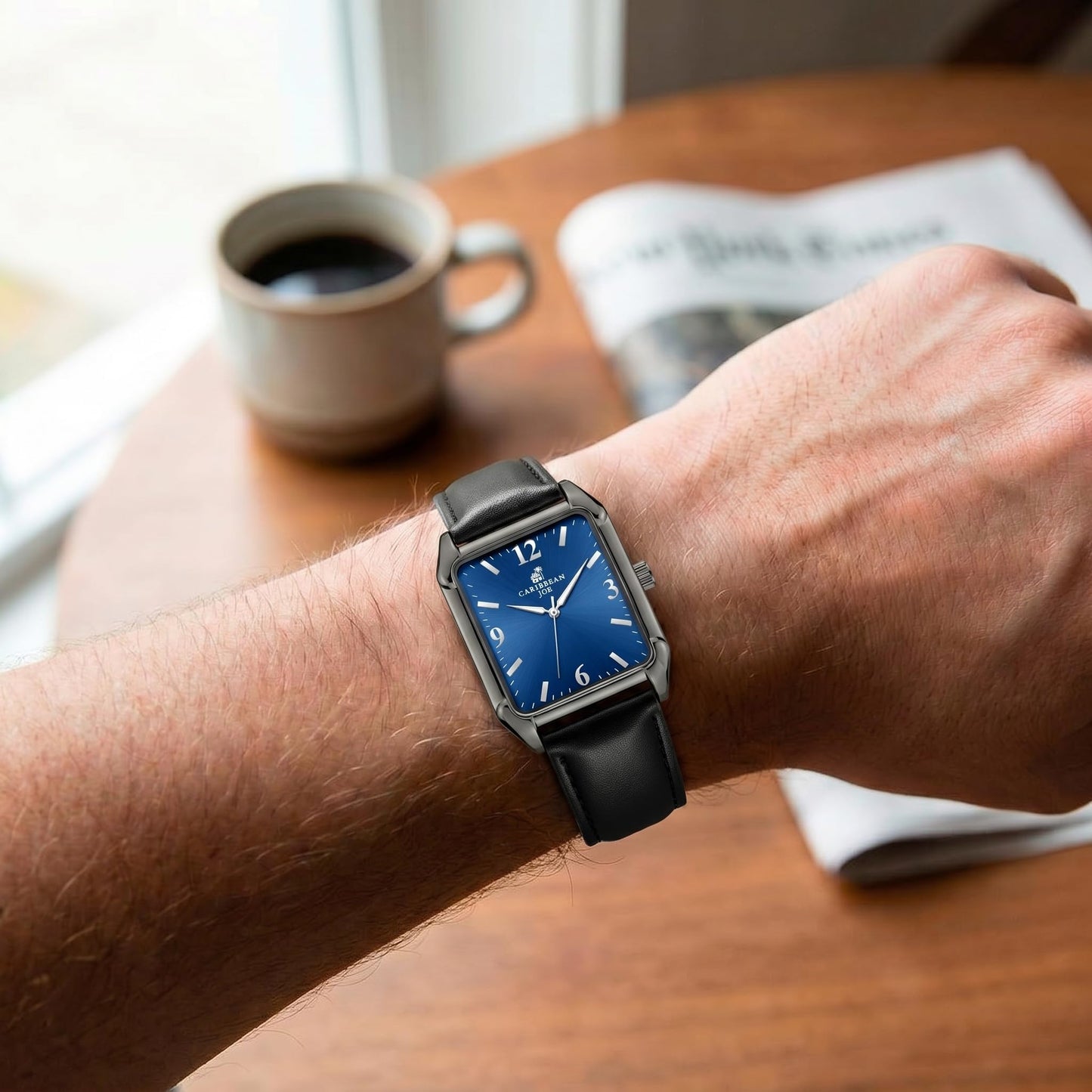 CARIBBEAN JOE Men’s Watch, 36mm Rectangular Case, Light Gunmetal, Blue Sunray Dial, Luminous Indexes, Black PU Strap