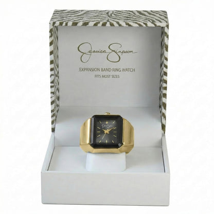 Jessica Simpson Women's Gold Ring Watch – Rectangular Black Sunray Dial, Crystal Accents, Stretch Expansion Band, Quartz Analog Fashion Accessory