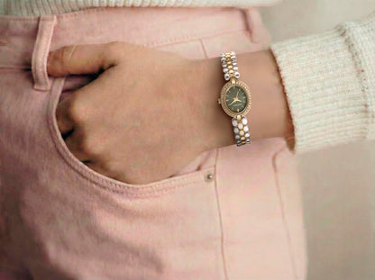 ELLEN TRACY Women's 20mm Oval Two Tone Silver/Gold Watch, Green Dial, Crystal Accents, Bracelet Band