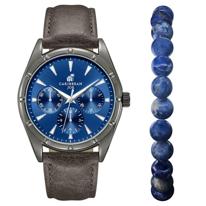 Caribbean Joe Men’s Watch & Blue Sodalite Beaded Bracelet Set – 42mm Light Gun Metal Case, Blue Sunray Dial with Faux Subdials, Luminous Silver-Tone Markers, Gray PU Strap, 8mm Natural Stone 8” Bracelet