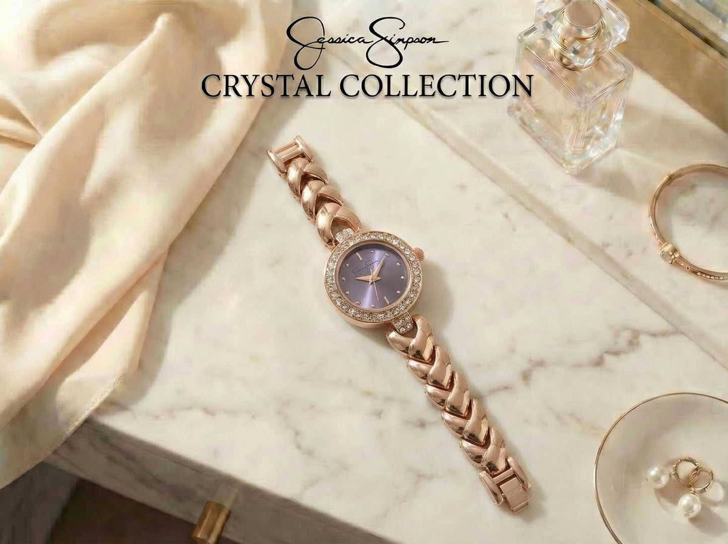 Jessica Simpson Women’s Round Rose Gold Watch 24mm Lavender Dial Crystal Bezel