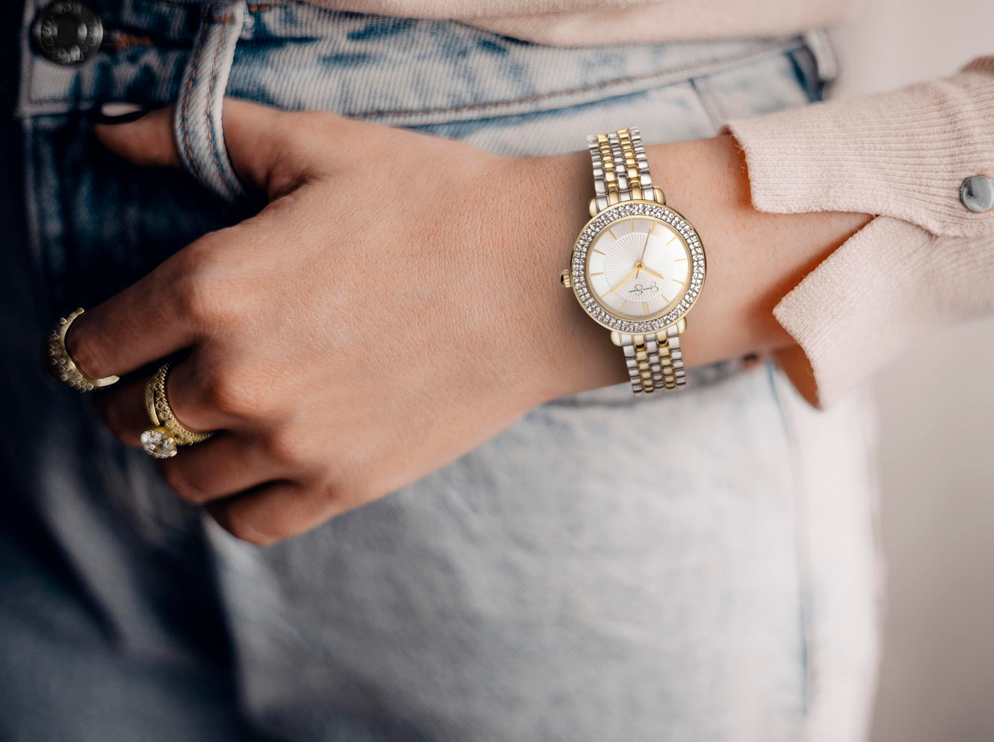 Jessica Simpson Women’s Round Gold Two Tone Watch 28.5mm Silver Dial Crystal Bezel Bracelet