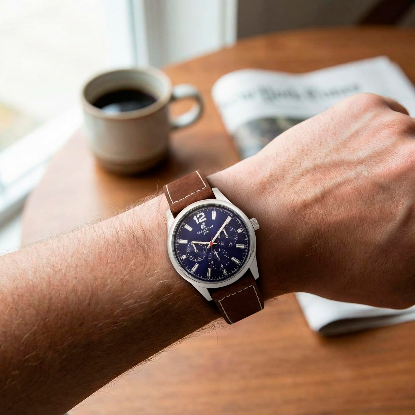 CARIBBEAN JOE Men’s Analog Watch with Silver-Tone 42.5mm Case, Navy Blue Semi-Gloss Dial with Faux Subdials, Brown PU Leather Strap, Quartz Movement, Casual Fashion Watch