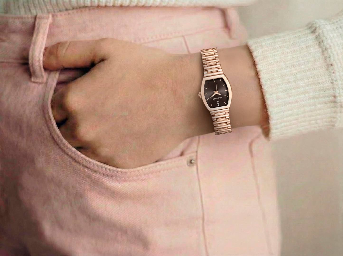ELLEN TRACY Women's 22mm Barrel Rose Goldtone Watch, Brown Dial, Crystal Accents, Bracelet Band