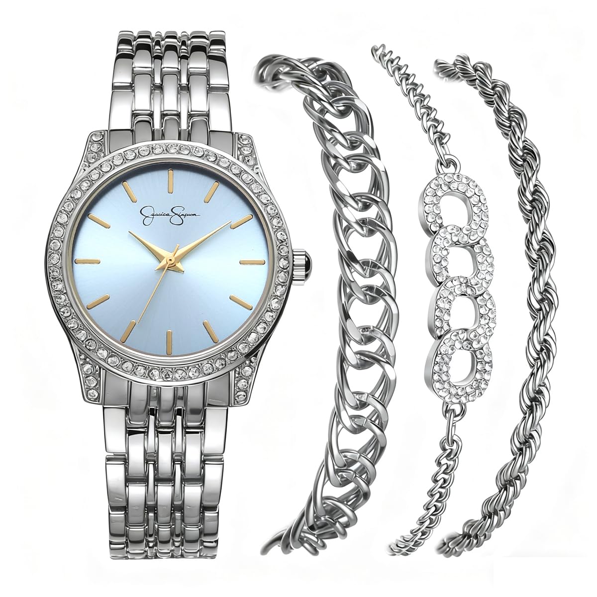 Jessica Simpson Women’s Watch Set Silver 35mm Light Blue Dial Bracelet Set
