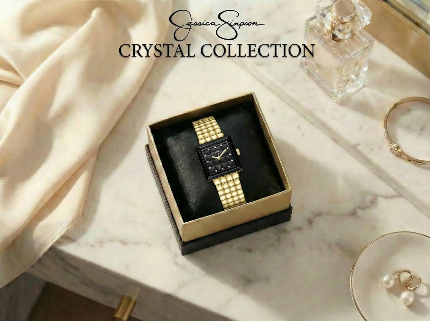 Jessica Simpson Women’s Square Gold Watch 24mm Black Textured Dial Crystal Accents