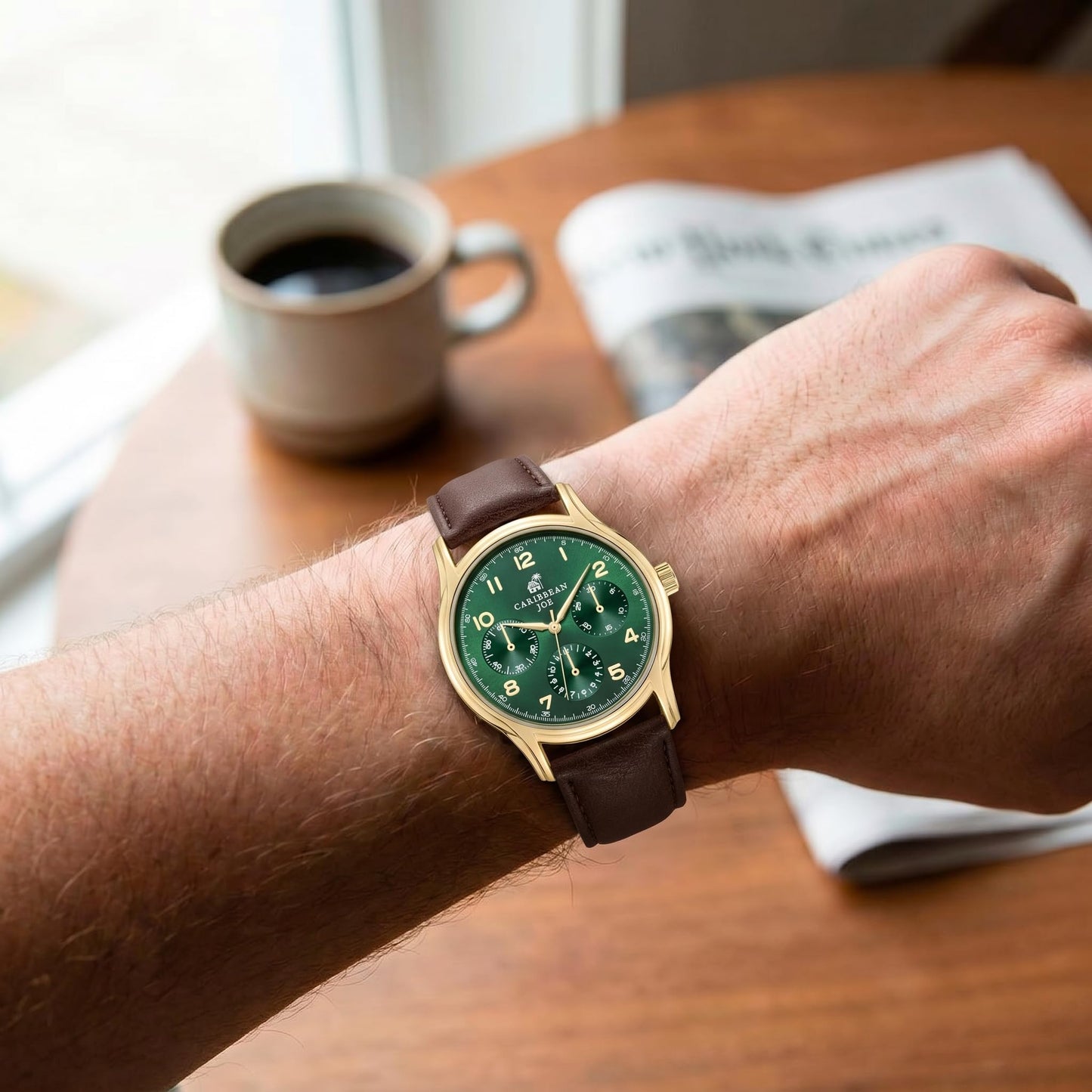 CARIBBEAN JOE Men’s Watch, 41mm Round Case, Goldtone, Green Sunray Dial, Arabic Markers, Decorative Dial Markers, Brown PU Strap