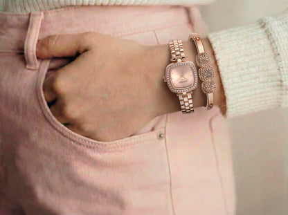 ELLEN TRACY Women's 22mm Cushion Rose Goldtone Watch and Bangle Gift Set, Rose Gold Dial, Crystal Accents