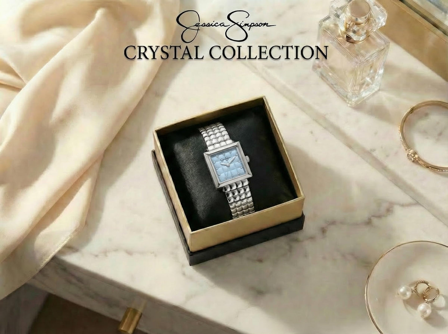 Jessica Simpson Women’s Square Silver Watch 24mm Light Blue Dial Crystal Accents