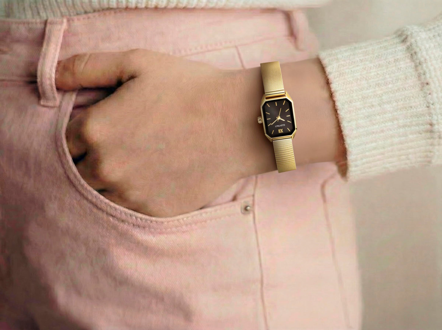 ELLEN TRACY Women's 20mm Rectangle Goldtone Watch, Black Dial, Mesh Band