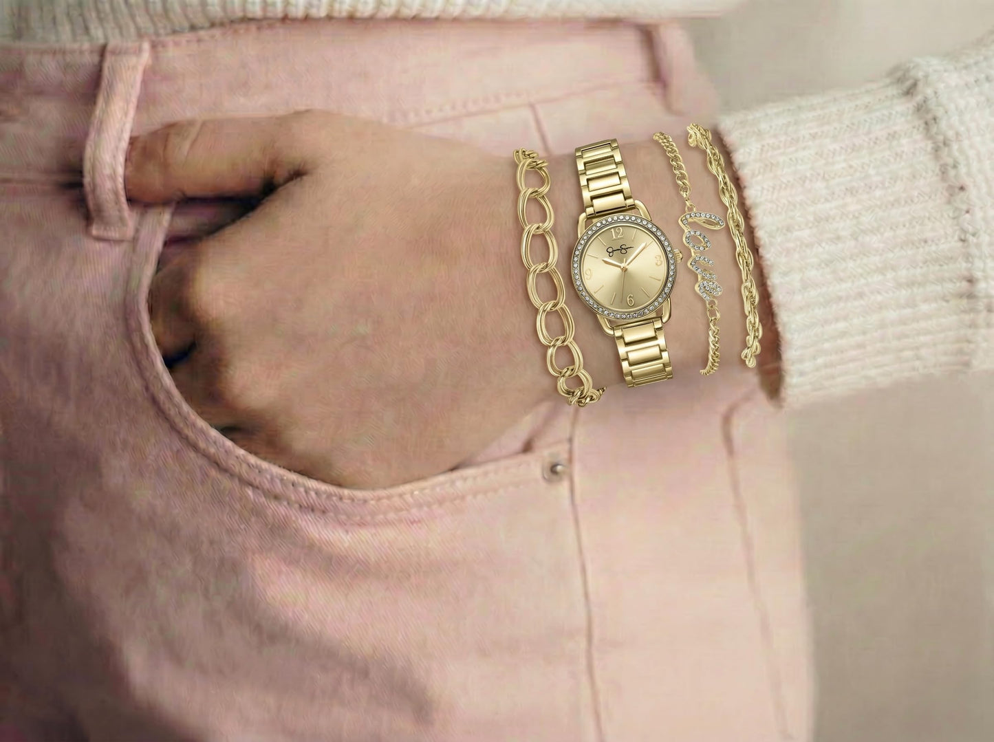Jessica Simpson Women’s Watch Set Gold 32mm Champagne Dial Bracelet Set