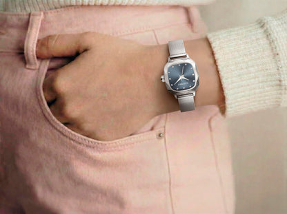 ELLEN TRACY Women's 22.5mm Cushion Silvertone Watch, Teal Dial, Crystal Accents, Mesh Band