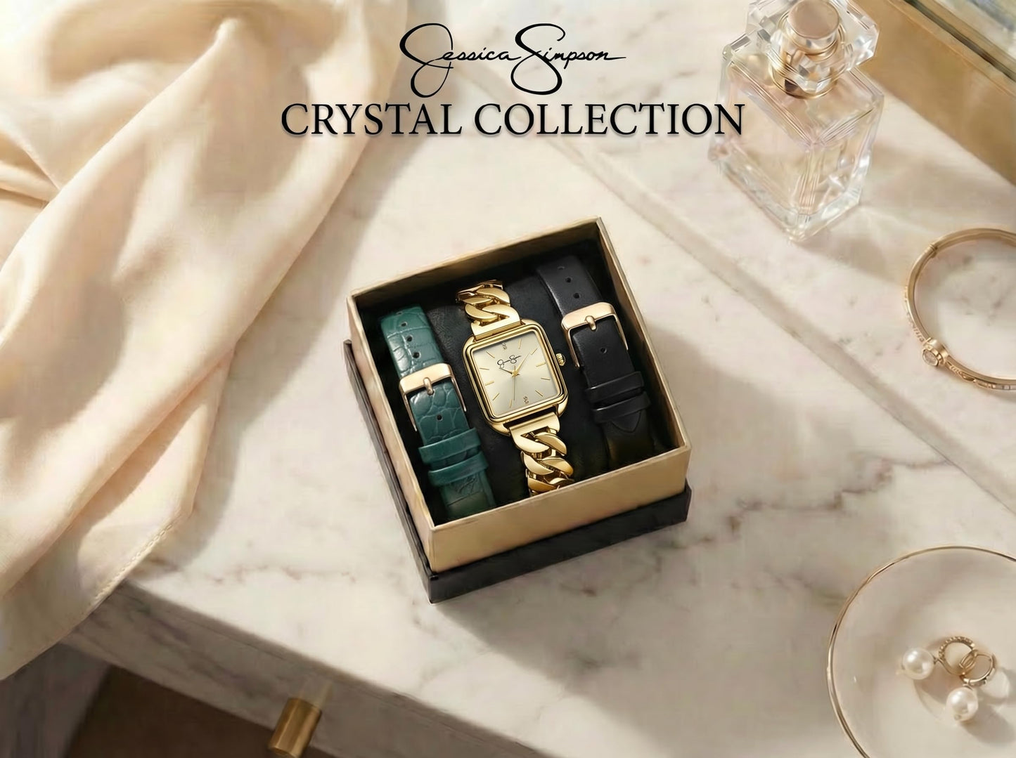 Jessica Simpson Women’s Watch Set Gold 29mm with 2 Extra Straps