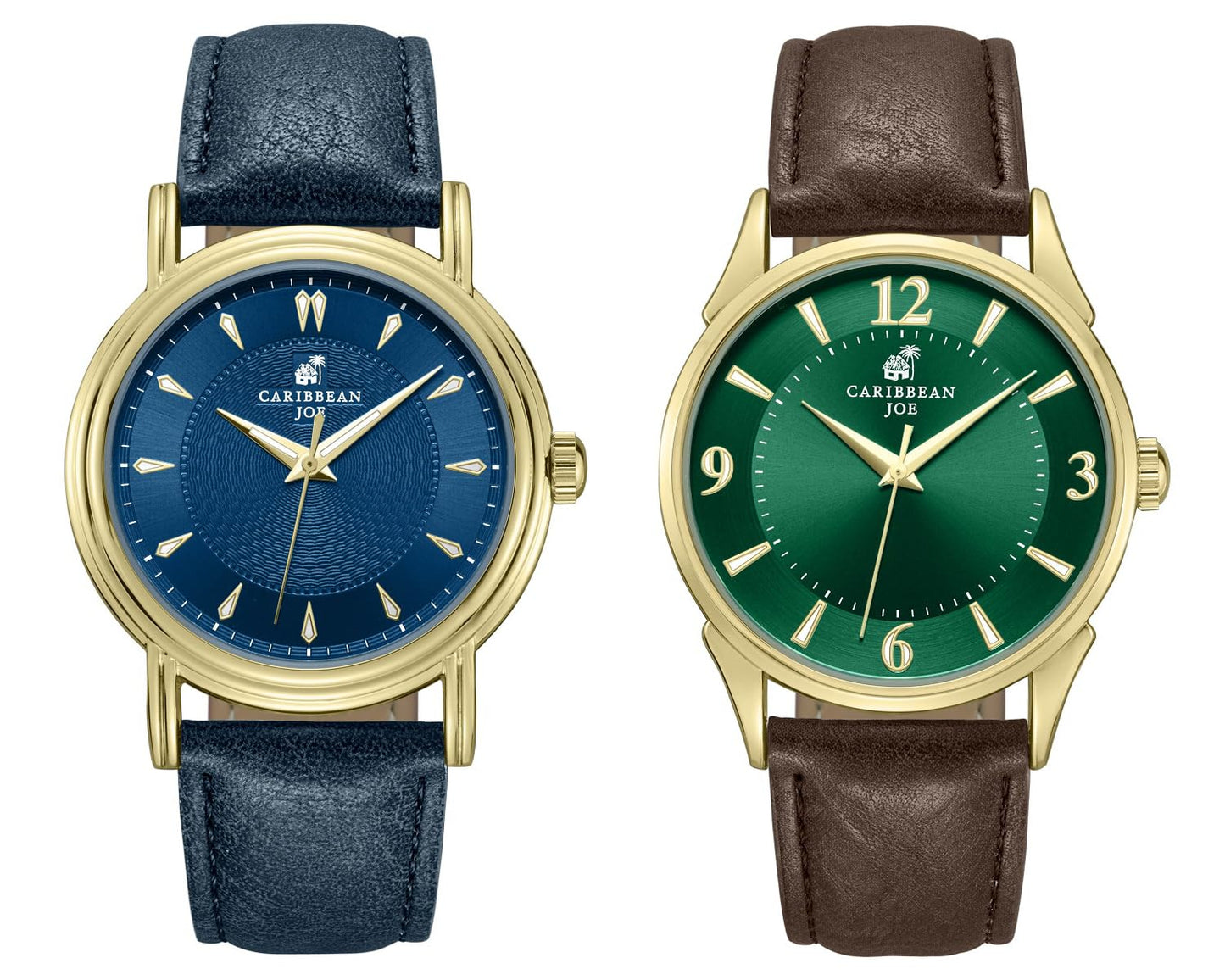 CARIBBEAN JOE Men’s Watch Set, 41mm + 40mm Goldtone Cases, Blue & Green Sunray Dials, Luminous Indexes, PU Straps