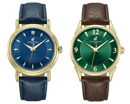 CARIBBEAN JOE Men’s Watch Set, 41mm + 40mm Goldtone Cases, Blue & Green Sunray Dials, Luminous Indexes, PU Straps