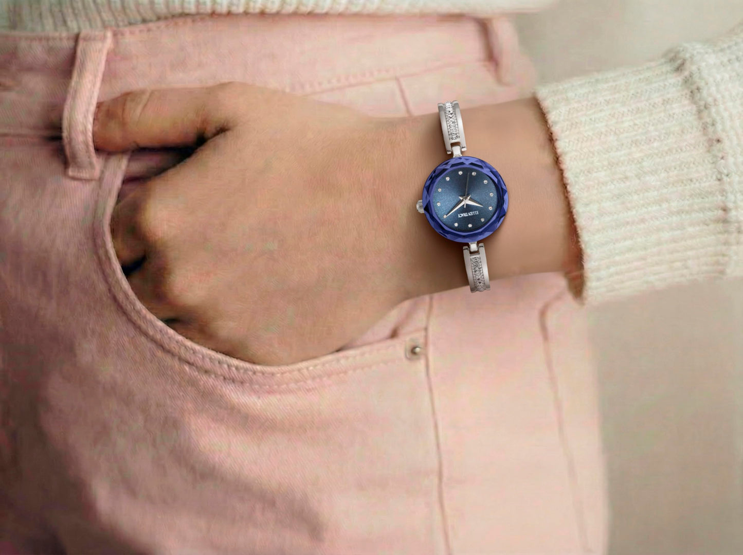 ELLEN TRACY Women's 23mm Round Silvertone Watch, Blue Dial, Crystal Accents, Half Bangle Band