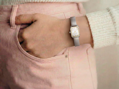 ELLEN TRACY Women's 20mm Rectangle Silvertone Watch, Silver Dial, Mesh Band