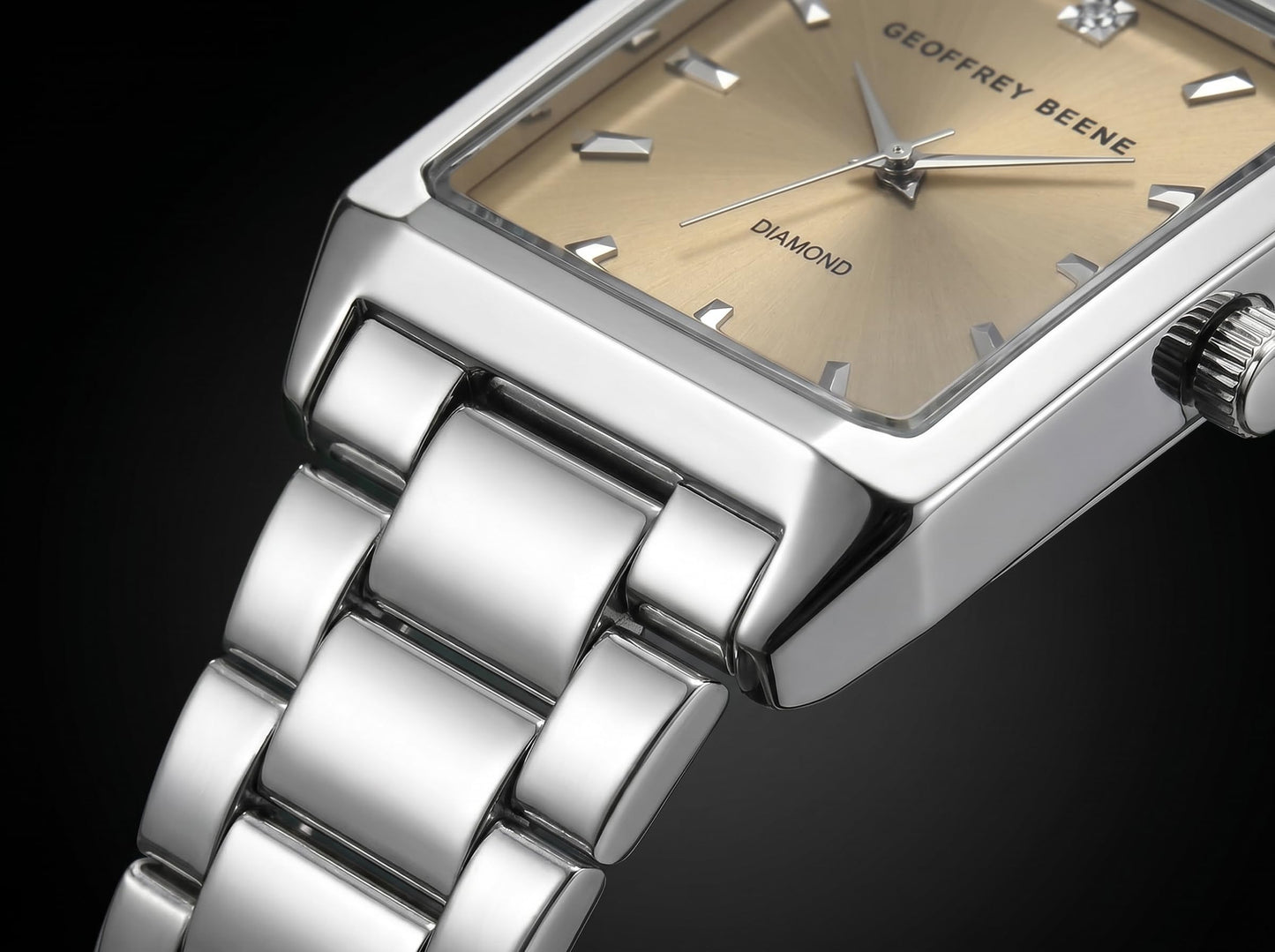 Geoffrey Beene Men’s Rectangular Silver Watch 34mm Brown Sunray Dial Bracelet Diamond Accent