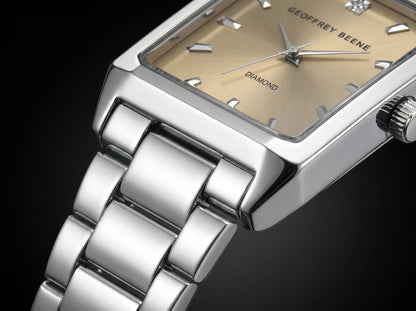 Geoffrey Beene Men’s Rectangular Silver Watch 34mm Brown Sunray Dial Bracelet Diamond Accent