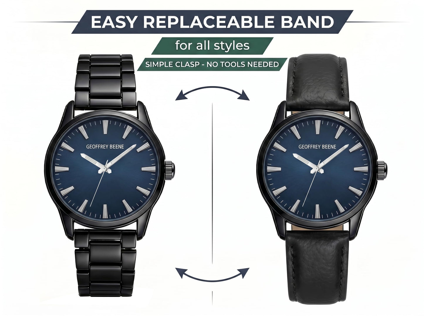 Geoffrey Beene Men’s Watch Set Round Gunmetal 42mm Blue Sunray Dial Strap & Bracelet
