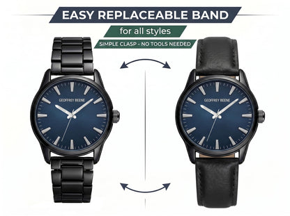 Geoffrey Beene Men’s Watch Set Round Gunmetal 42mm Blue Sunray Dial Strap & Bracelet